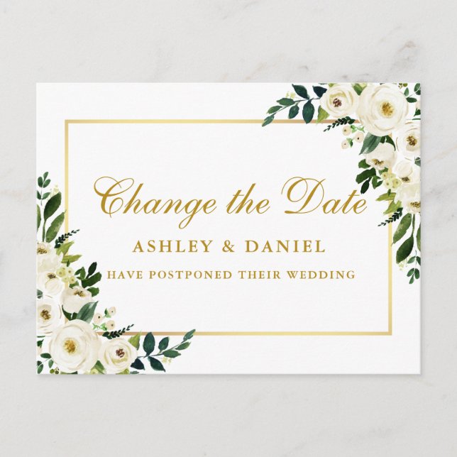 Cartão Postal Flor Branco Verde De Aquarela Altera A Data Dourad (Frente)