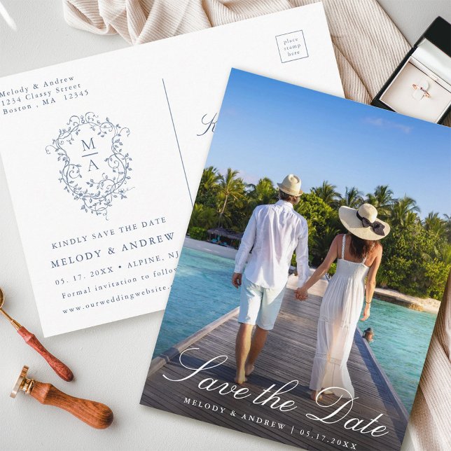 Cartão Postal Flor Crest Azul Francês Foto Save the Date (Front & Back)