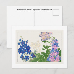Cartão Postal Flor de Delphinium, arte de xilogravura japonesa