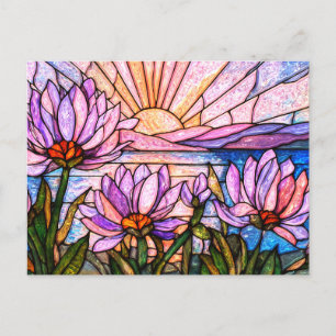 Cartão Postal Flor de Lótus Nenúfar Rosa Roxo Laranja Pôr do Sol