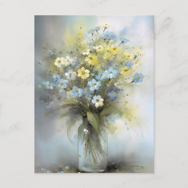 Cartão Postal Flor de Margarida Azul Pastel em Aquarela, Branco, (Frente)