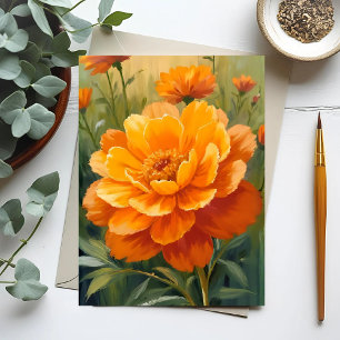 Cartão Postal Flor de Marigold Floral Pintada aquarela Laranja