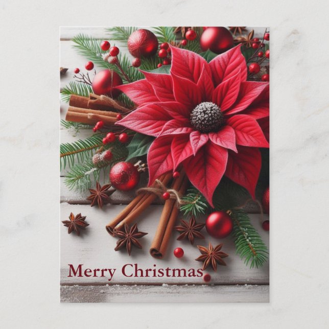 Cartão Postal Flor de Natal vermelha na madeira branca tradicion (Frente)