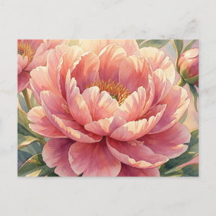 Cartão Postal Flor de Peônia Rosa Água-forte Botânico Vintage