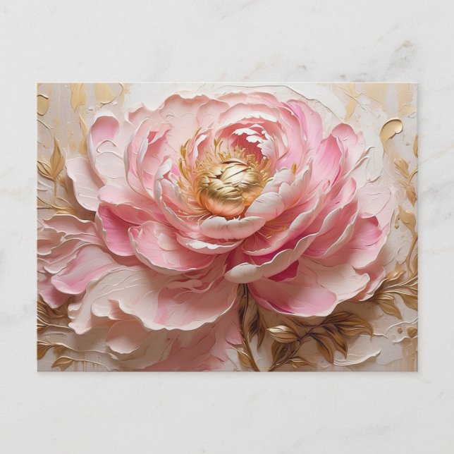 Cartão Postal Flor de Peônia Rosa Pastel e Dourado  (Frente)