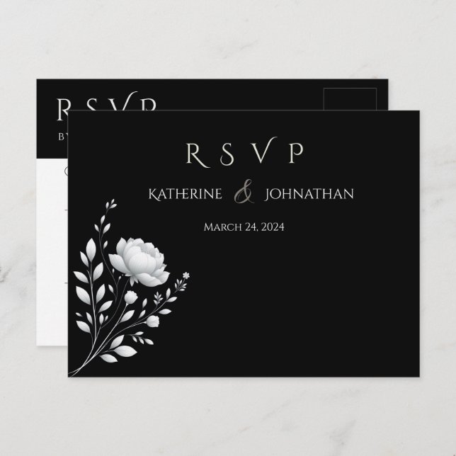 Cartão Postal Flor Negra e Branca de Casamento Elegante Moderno (Frente/Verso)