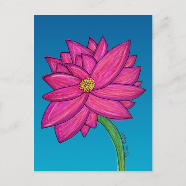 Cartão Postal Flor Rosa Fúcsia com fundo azul (Frente)
