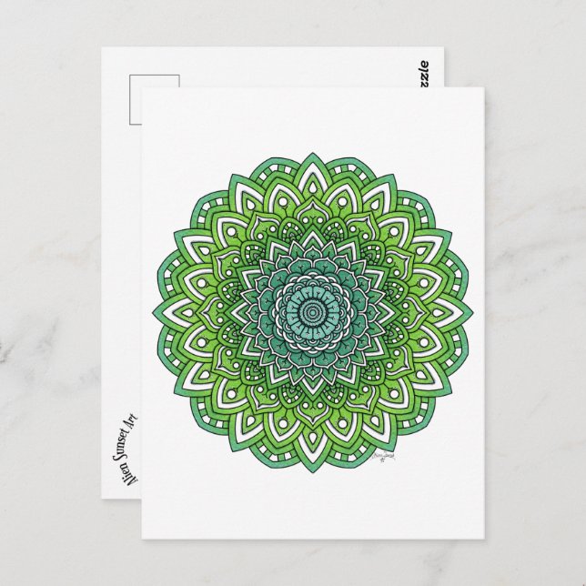 Cartão Postal Flor Verde Espimentada Mandala (Frente/Verso)