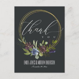 CARTÃO POSTAL FLORA VERDE FOLIAGE PRETO WREATH CASAMENTO OBRIGAD