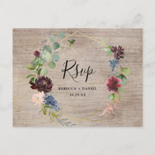 Cartão Postal Florais Rustic Burgundy com Greenery Rsvp