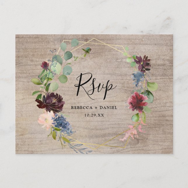 Cartão Postal Florais Rustic Burgundy com Greenery Rsvp (Frente)