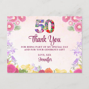 Cartão Postal Floral 50ª Festa de aniversário / Pastel 50 Obriga
