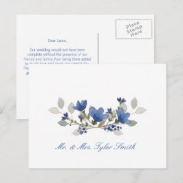 Cartão Postal Floral Aquarela Azul Casamento Personalizado