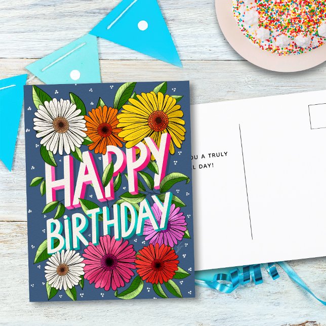 Cartão Postal Floral Azul Colorido Personalizado Feliz Aniversár (Criador carregado)