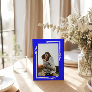 Cartão Postal Floral Azul e Branco Elegante Salve a Data Casamen