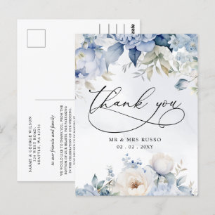 Cartão Postal Floral Azul Elegante Botânico Dusty Obrigado