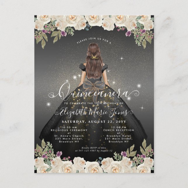 Cartão Postal Floral Black White Glam Princess Quinceanera (Frente)