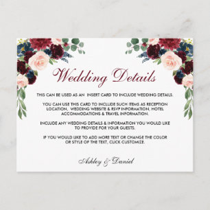 Cartão Postal Floral Borgonha Azul Detalhes do Casamento Inserir