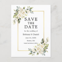 Floral branco de aquarela Dourado Salvar a Data