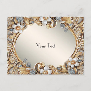 Cartão Postal Floral Branco Dourado Decorativo