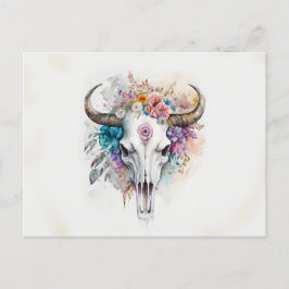 Cartão Postal Floral Bull Crânio Aquarela