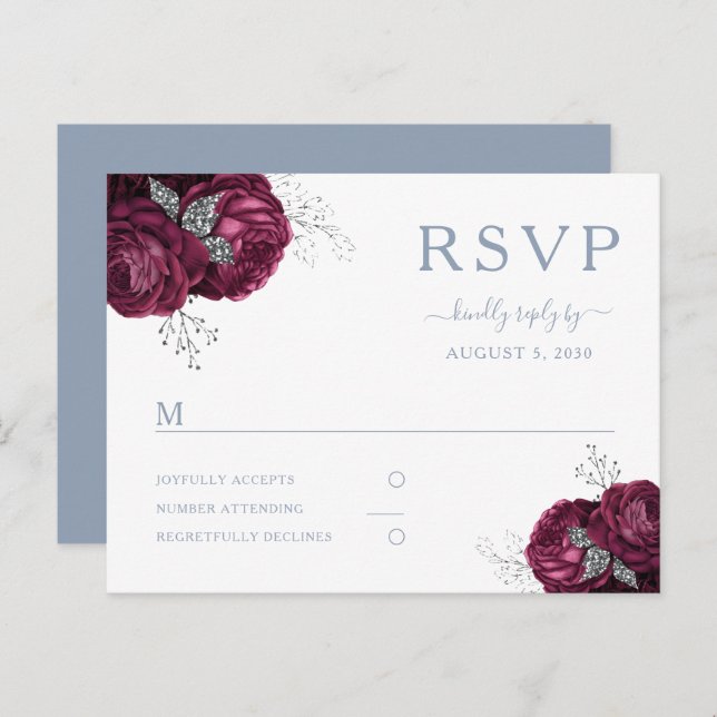 Cartão Postal Floral Burgundy Dusty Blue Weding RSVP (Frente/Verso)