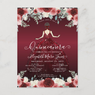 Cartão Postal Floral Burgundy Red Princess Birthday Quinceanera