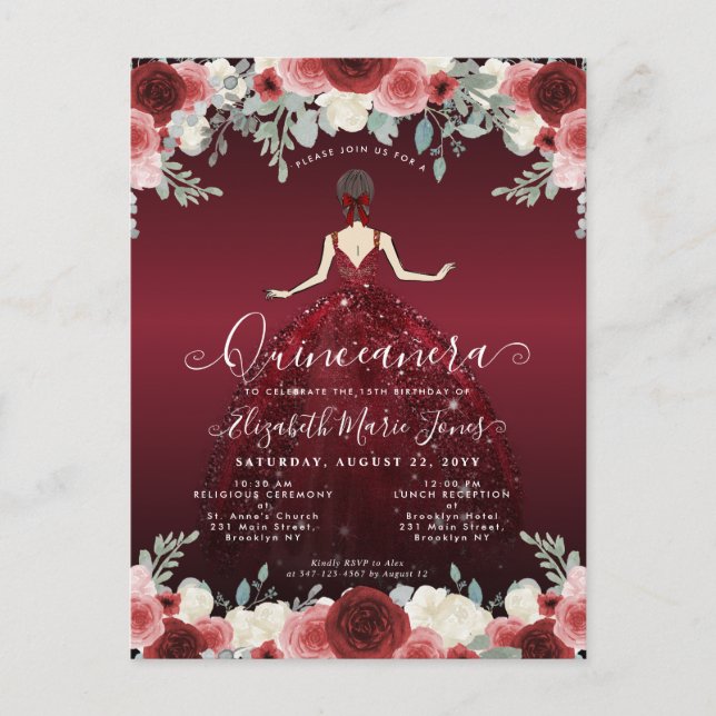 Cartão Postal Floral Burgundy Red Princess Birthday Quinceanera (Frente)