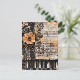 Cartão Postal Floral com Chaves de Piano Russas e Música Vencida