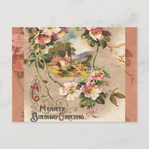 Cartão Postal Floral Country de Aniversário Vitoriano Vintage Sé