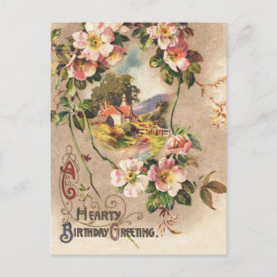 Cartão Postal Floral Country de Aniversário Vitoriano Vintage Sé