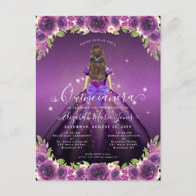Cartão Postal Floral Dark Purple Dourado Glam Princess Quinceane (Frente)