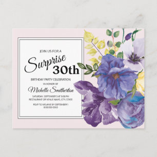 Cartão Postal Floral de Aquarela Roxa em Rosa 30º Aniversário