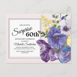 Cartão Postal Floral de Aquarela Roxa em Rosa 60º Aniversário