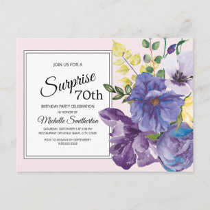 Cartão Postal Floral de Aquarela Roxa em Rosa para 70º Aniversár
