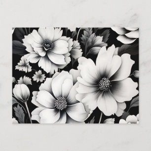 Cartão Postal Floral de Cor Branca e Preta Elegante