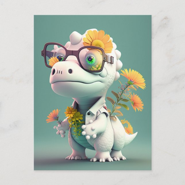 Cartão postal floral de dinossauro médico Kawaii (Frente)