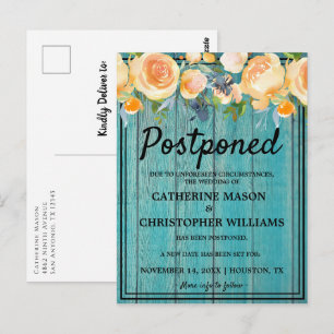 Cartão Postal Floral de Madeira Azul Rústica com Casamento Adiad