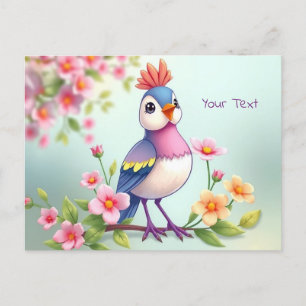 Cartão postal floral de pássaro azul rosa fofo
