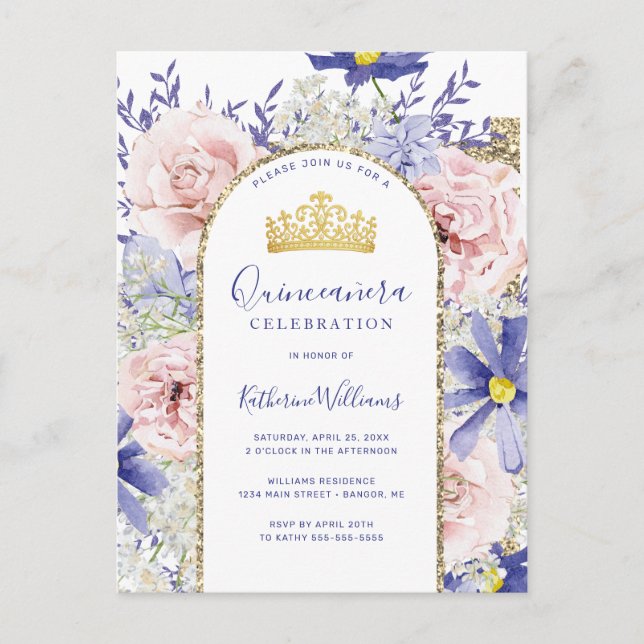 Cartão Postal Floral Dourada, Rosa Elegante, Tiara Quinceañera (Frente)