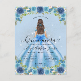Cartão Postal Floral Dusty Blue Silver Glam Princesa Quinceanera