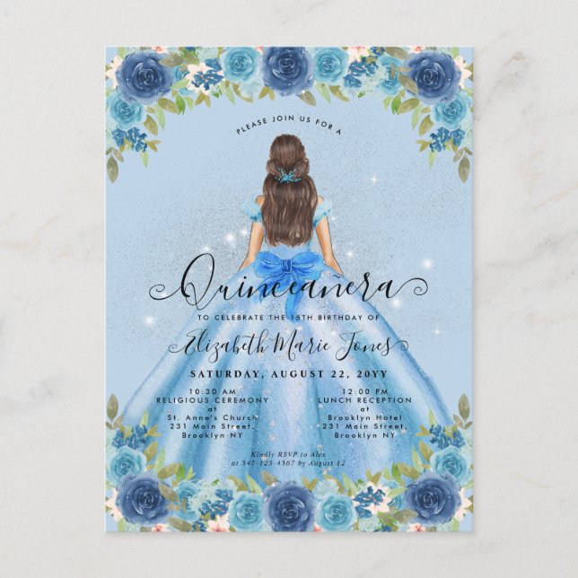 Cartão Postal Floral Dusty Blue Silver Glam Princesa Quinceanera (Frente)