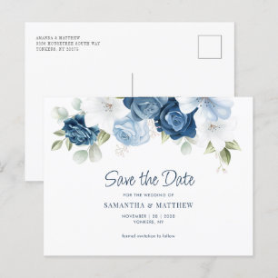 Cartão Postal Floral Dusty Blue Wedding Salvar Data