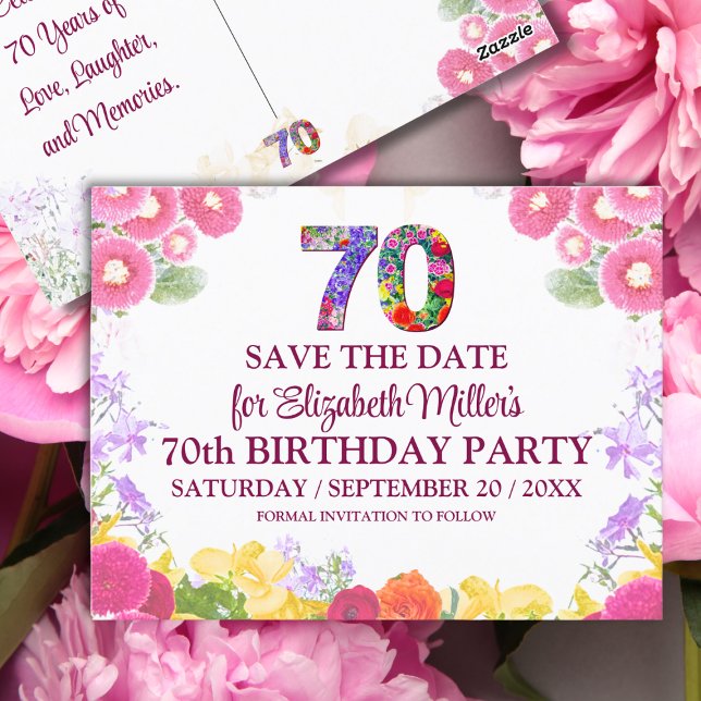 Cartão Postal Floral Elegant 70 Birthday Salve A Data 70 (Criador carregado)