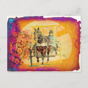 Cartão Postal Floral Grunge Amish Horse e Buggy