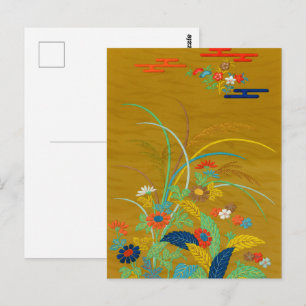 Cartão Postal Floral Japonês Antigo com Flores Silvestres G.A. A