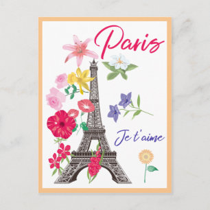 Cartão Postal Floral Moderno Paris eu te amo Torre Eiffel Viagem
