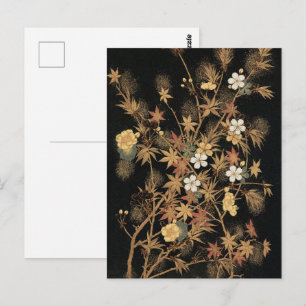 Cartão Postal Floral Preto Arte Floral Dourada Outonal Japonesa 