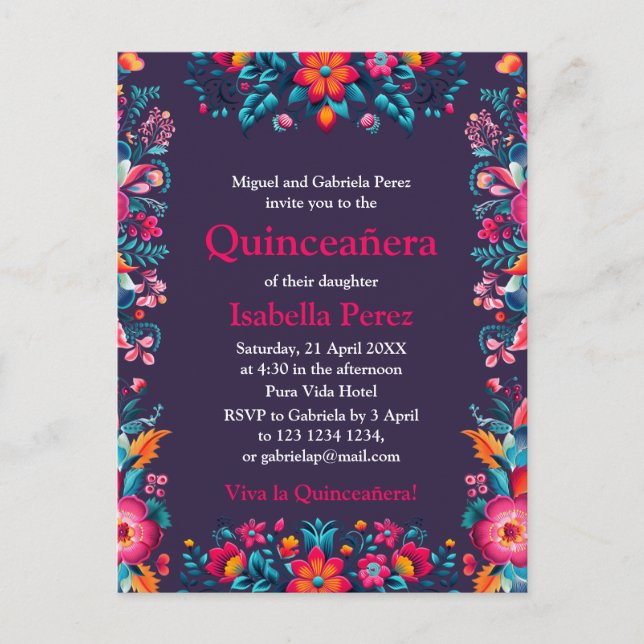 Cartão Postal Floral Quinceanera Purple Mexicano Fiesta Birthday (Frente)