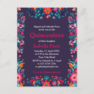 Cartão Postal Floral Quinceanera Roxo Festa Mexicana Aniversário